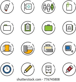 Line Vector Icon Set - Suitcase Vector, First Aid Room, Group, Attachment, Folder, Clipboard, Case, Contact Book, Doors, Hotel, Sea, Monoblock Pc, Clock, Pencil, Tool Cabinet, Marker