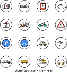 line vector icon set - suitcase vector, airport bus, parking sign, safety car, terrorism, fork loader, bike, intersection road, only right, detour, plane, limousine, skateboard, excavator toy