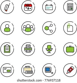 line vector icon set - suitcase vector, christmas calendar, schedule, calculator, user, group, share, attachment, clipboard, printer, office chair, case, envelope, sea hotel, monoblock pc, marker