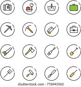 line vector icon set - suitcase vector, baggage scales, basket, case, job, rock axe, saw, chisel, shovel, farm fork, paint roller, rasp, awl