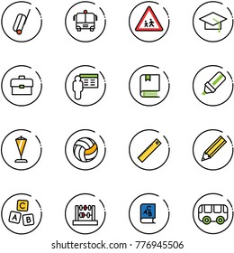 line vector icon set - suitcase vector, airport bus, children road sign, graduate hat, portfolio, presentation, book, highlight marker, pennant, volleyball, ruler, pencil, abc cube, abacus, toy