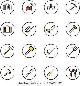 line vector icon set - suitcase vector, baggage scales, basket, job, saw, hammer, mason, rubber, scythe, farm fork, paint roller, rasp, awl, shovel toy