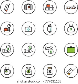 line vector icon set - suitcase vector, baggage, truck, scales, doctor bag, drop counter, money, investment, encashment, case, green tea
