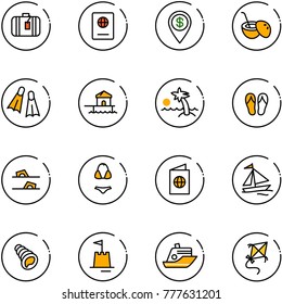 line vector icon set - suitcase vector, passport, dollar pin, coconut cocktail, flippers, bungalow, palm, flip flops, swimsuit, sail boat, shell, sand castle, cruiser, kite