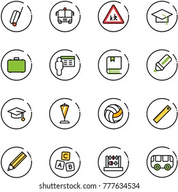 line vector icon set - suitcase vector, airport bus, children road sign, graduate hat, case, presentation, book, highlight marker, pennant, volleyball, ruler, pencil, abc cube, abacus, toy