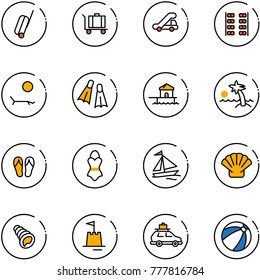 line vector icon set - suitcase vector, baggage, trap truck, plane seats, lounger, flippers, bungalow, palm, flip flops, swimsuit, sail boat, shell, sand castle, car, beach ball