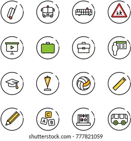 line vector icon set - suitcase vector, airport bus, children road sign, presentation board, case, portfolio, graduate hat, pennant, volleyball, ruler, pencil, abc cube, abacus, toy