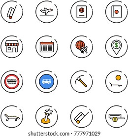 line vector icon set - suitcase vector, departure, passport, duty free, schedule, plane globe, dollar pin, customs road sign, bus, rock axe, lounger, palm, trailer