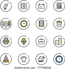 line vector icon set - suitcase vector, baggage room, schedule, calculator, group, time, clipboard, trash bin, printer, office chair, portfolio, building, bank, t shirt, wireless, clock
