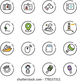 line vector icon set - suitcase vector, identity, dog, first aid room, pound, map pin, mountains, lighthouse, cruiser, mouse wireless, micro flash card, beanbag