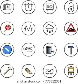 line vector icon set - suitcase vector, alarm clock, safe, lock, lollipop, monero, money rain, climb road sign, detour, helicopter, sun panel, hammer, mason, work knife, baby car, toy block house