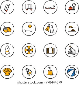 line vector icon set - suitcase vector, baggage, truck, scales, coconut cocktail, lounger, flippers, flip flops, swimsuit, parasol, sail boat, shell, sand castle, beach ball