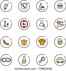 line vector icon set - suitcase vector, phone alarm, baby room, shower, wine, limited height road sign, winner, key hand, banana, butterfly, shell, beer, protective glasses, brush, beanbag, car