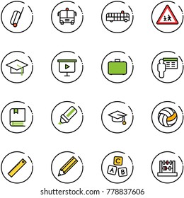 line vector icon set - suitcase vector, airport bus, children road sign, graduate hat, presentation board, case, book, highlight marker, volleyball, ruler, pencil, abc cube, abacus