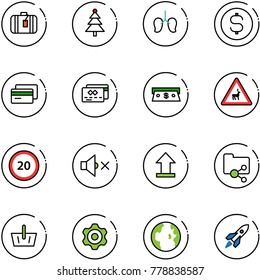 line vector icon set - suitcase vector, christmas tree, lungs, dollar coin, credit card, cash, wild animals road sign, speed limit 20, volume off, uplooad, shared folder, basket, gear, globe, rocket