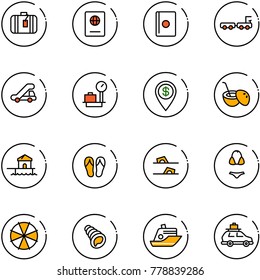 line vector icon set - suitcase vector, passport, baggage truck, trap, scales, dollar pin, coconut cocktail, bungalow, flip flops, swimsuit, parasol, shell, cruiser, car