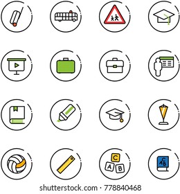 line vector icon set - suitcase vector, airport bus, children road sign, graduate hat, presentation board, case, portfolio, book, highlight marker, pennant, volleyball, ruler, abc cube