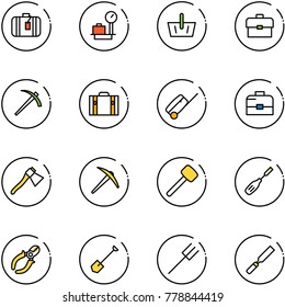 line vector icon set - suitcase vector, baggage scales, basket, portfolio, job, case, axe, rubber hammer, chisel, side cutters, shovel, farm fork, rasp