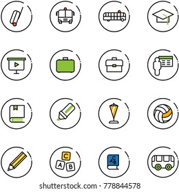 line vector icon set - suitcase vector, airport bus, graduate hat, presentation board, case, portfolio, book, highlight marker, pennant, volleyball, pencil, abc cube, toy