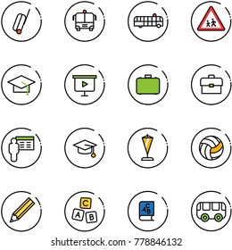 line vector icon set - suitcase vector, airport bus, children road sign, graduate hat, presentation board, case, portfolio, pennant, volleyball, pencil, abc cube, book, toy