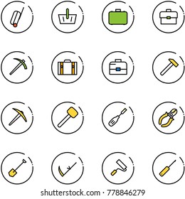 line vector icon set - suitcase vector, basket, case, portfolio, job, hammer, axe, rubber, chisel, side cutters, shovel, scythe, paint roller, awl
