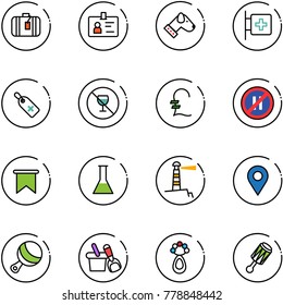 line vector icon set - suitcase vector, identity, dog, first aid room, medical label, no alcohol sign, pound, parking even road, flag, flask, lighthouse, navigation pin, beanbag, shovel bucket