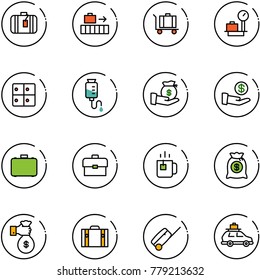 line vector icon set - suitcase vector, baggage, scales, room, drop counter, investment, case, portfolio, green tea, money bag, rich, car