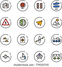 line vector icon set - suitcase vector, globe, plane seats, road signpost sign, intersection, paper fly, pyramid, flip flops, passport, kayak, moon rover, jack, sailboat toy, ufo, bus