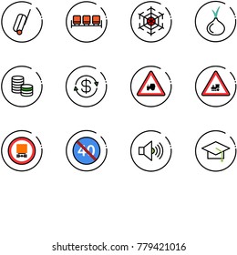 line vector icon set - suitcase vector, waiting area, snowflake, onion, coin, dollar exchange, tractor way road sign, railway intersection, no dangerous cargo, end minimal speed limit, volume max