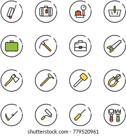 line vector icon set - suitcase vector, baggage scales, basket, case, rock axe, saw, mason hammer, rubber, side cutters, scythe, paint roller, awl, shovel fork toy