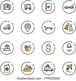 line vector icon set - suitcase vector, baggage, passport, truck, trap, dollar pin, lounger, flippers, bungalow, flip flops, swimsuit, cruiser, car, kite