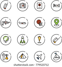 line vector icon set - suitcase vector, passport, hotel, boarding passengers, small plane, globe, map pin, rocket, pennant, ship bell, tent, sailboat toy