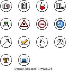 Line Vector Icon Set - Suitcase Vector, Metal Detector Gate, Christmas Glove, Hospital Building, Atm, Oncoming Traffic Road Sign, No Overtake, Circle, Job, Check, Victory, Mail Dollar, Flip Flops