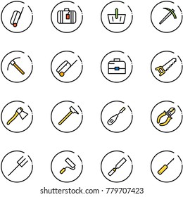 line vector icon set - suitcase vector, basket, job, rock axe, case, saw, mason hammer, chisel, side cutters, farm fork, paint roller, rasp, awl