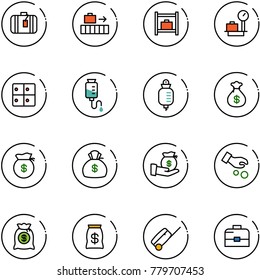 line vector icon set - suitcase vector, baggage, room, scales, drop counter, money bag, investment, case