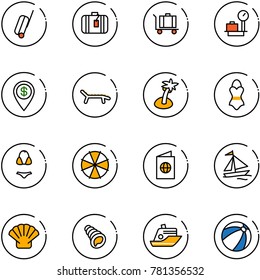 line vector icon set - suitcase vector, baggage, scales, dollar pin, lounger, palm, swimsuit, parasol, passport, sail boat, shell, cruiser, beach ball