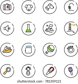 line vector icon set - suitcase vector, dog, pound, low volume, flask, mountains, lighthouse, cruiser, micro flash card, beanbag