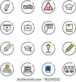 line vector icon set - suitcase vector, airport bus, children road sign, graduate hat, presentation board, portfolio, book, highlight marker, pennant, pencil, abc cube, abacus, toy