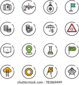 line vector icon set - suitcase vector, boarding passengers, christmas ball, flag, coin, insurance, round motion road sign, monitor cursor, map pin, chess queen, ipo, cloud ladder, sun, kite