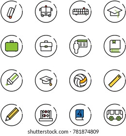 line vector icon set - suitcase vector, airport bus, graduate hat, case, portfolio, presentation, book, highlight marker, volleyball, ruler, pencil, abacus, abc, toy