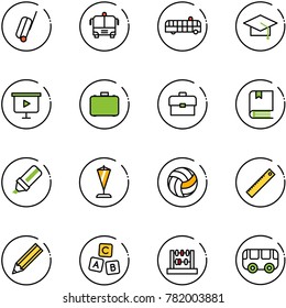 line vector icon set - suitcase vector, airport bus, graduate hat, presentation board, case, portfolio, book, highlight marker, pennant, volleyball, ruler, pencil, abc cube, abacus, toy