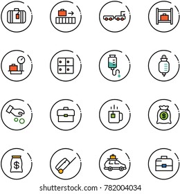line vector icon set - suitcase vector, baggage, truck, room, scales, drop counter, investment, portfolio, green tea, money bag, car, case