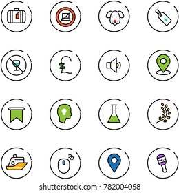 line vector icon set - suitcase vector, no computer sign, dog, medical label, alcohol, pound, low volume, map pin, flag, head bulb, flask, golden branch, cruiser, mouse wireless, navigation, beanbag