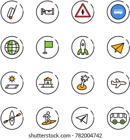 line vector icon set - suitcase vector, hotel, intersection road sign, bus, globe, flag, rocket, paper fly, mat, bungalow, palm, plane, kayak, surfing, toy