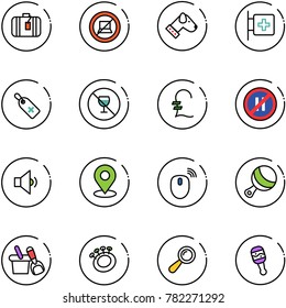 line vector icon set - suitcase vector, no computer sign, dog, first aid room, medical label, alcohol, pound, parking even road, low volume, map pin, mouse wireless, beanbag, shovel bucket