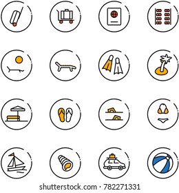 line vector icon set - suitcase vector, baggage, passport, plane seats, lounger, flippers, palm, inflatable pool, flip flops, swimsuit, sail boat, shell, car, beach ball