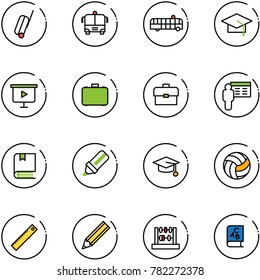 line vector icon set - suitcase vector, airport bus, graduate hat, presentation board, case, portfolio, book, highlight marker, volleyball, ruler, pencil, abacus, abc
