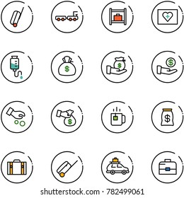 line vector icon set - suitcase vector, baggage truck, room, first aid kit, drop counter, money bag, investment, encashment, green tea, car, case