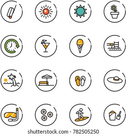 line vector icon set - suitcase vector, sun, flower pot, clock around, drink, ice cream, pool, palm, inflatable, flip flops, woman hat, diving, surfing, bucket scoop