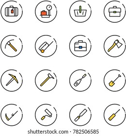 line vector icon set - suitcase vector, baggage scales, basket, portfolio, rock axe, case, mason hammer, chisel, shovel, scythe, paint roller, rasp, awl